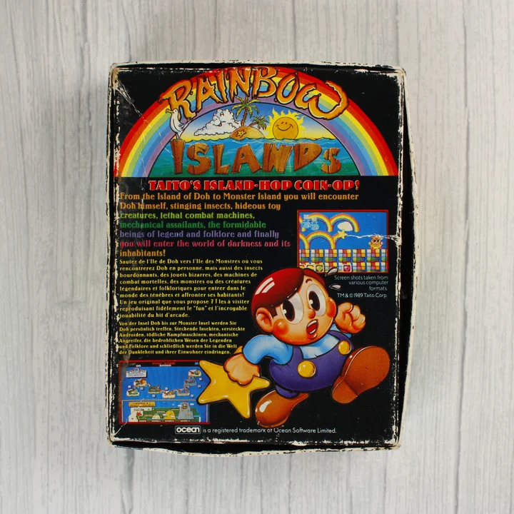 Rainbow Islands Commodore 64 játék dobozának hátoldala