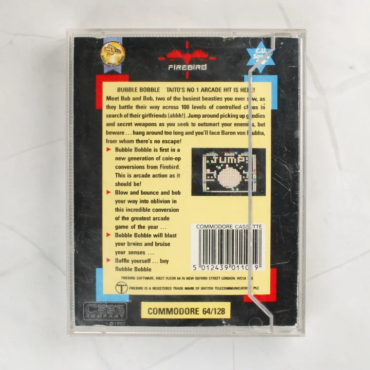 Bubble Bobble Commodore 64 videójáték kazetta tokban hátulnézetből