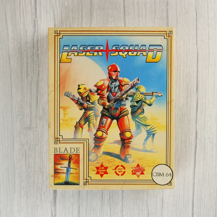 Laser Squad C64 doboz elölnézet Laser Squad Commodore 64 játék dobozának előlapja
