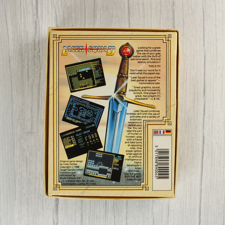 Laser Squad C64 doboz hátlap Laser Squad Commodore 64 játék dobozának hátoldala