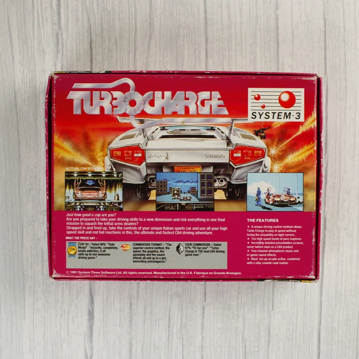 Turbo Charge Commodore 64 játék dobozának hátoldala