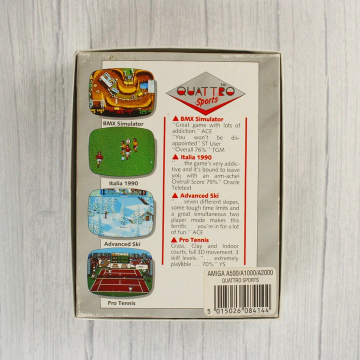 Quattro Sports Amiga doboz hátnézet A Quattro Sports Amiga játék dobozának hátoldala képernyőképekkel és leírással