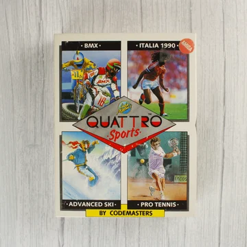 A Quattro Sports Amiga játék dobozának előlapja négy sportág illusztrációjával