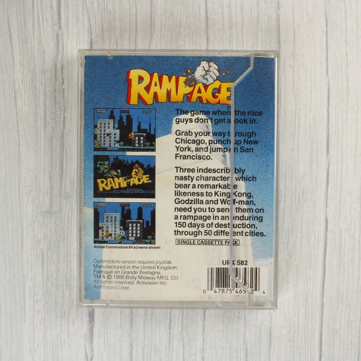 Rampage ZX Spectrum videójáték kazetta hátoldala a tokban