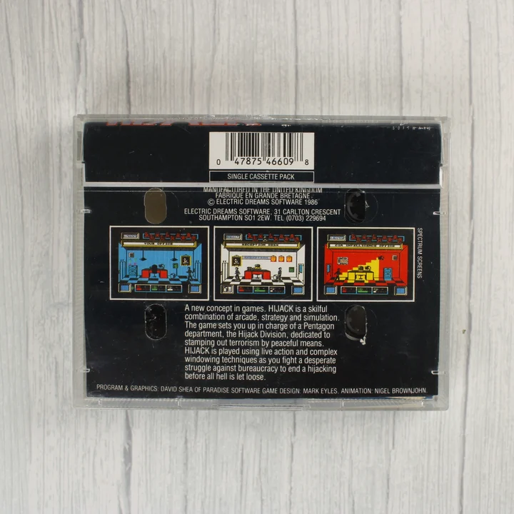 Hijack ZX Spectrum hátoldal A Hijack videójáték tokjának hátoldala a vonalkóddal és képernyőmentésekkel