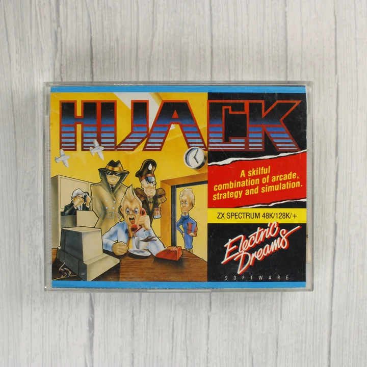 Hijack ZX Spectrum borító A Hijack videójáték elölnézeti képe a műanyag tokban