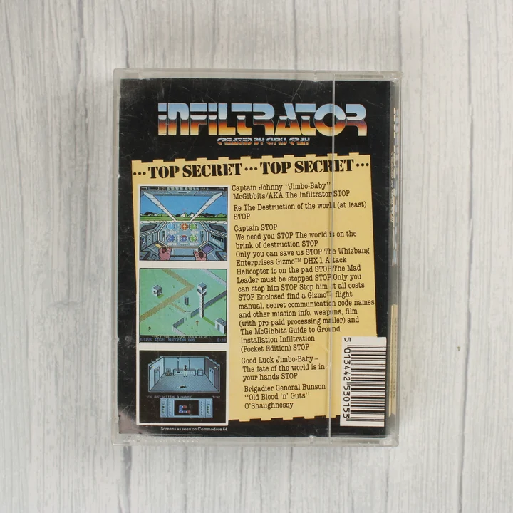 Infiltrator videójáték hátlapja leírással és képernyőfotókkal