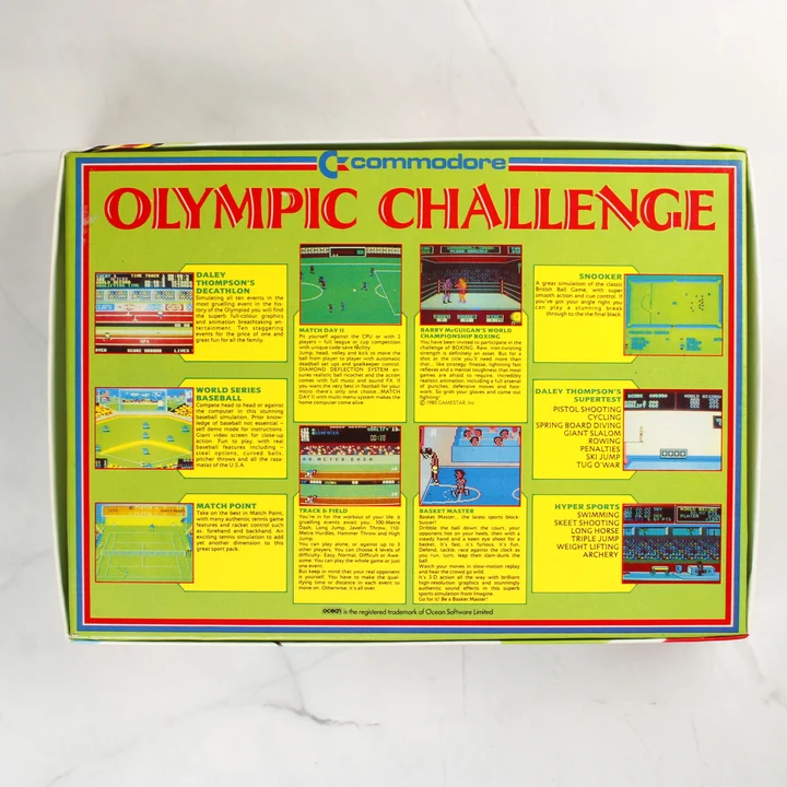 Az Olympic Challenge játék dobozának hátoldala leírásokkal és képernyőképekkel.