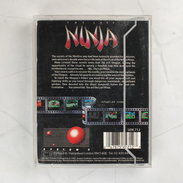 The Last Ninja C64 hátlap The Last Ninja Commodore 64 játék hátlapi borítója leírással és vonalkóddal