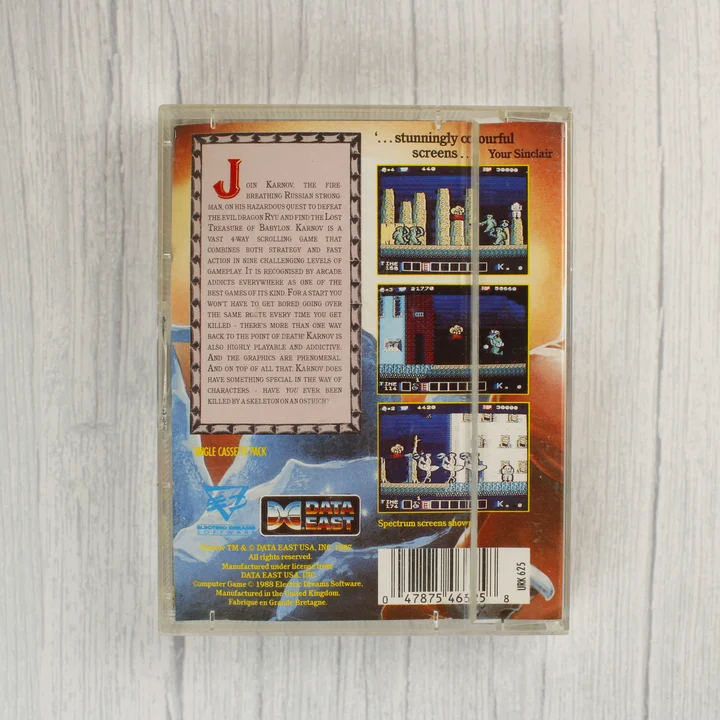 Karnov ZX Spectrum hátlap Karnov ZX Spectrum játék kazetta tokban hátulnézetből