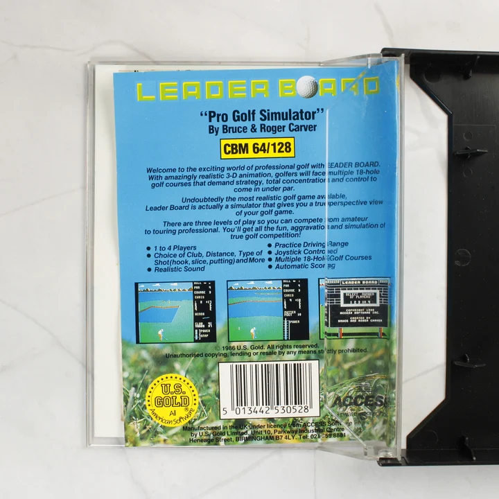 Leader Board videójáték hátoldali borítója és nyitott tokja