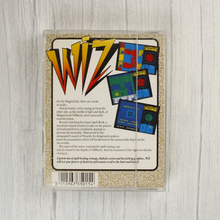 WIZ ZX Spectrum hátoldali leírás WIZ videójáték tokjának hátoldala leírással és vonalkóddal