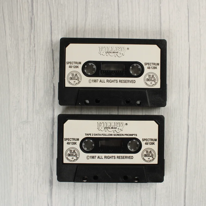 Killed Until Dead ZX Spectrum kazetták Két fekete videójáték kazetta a Killed Until Dead játékhoz