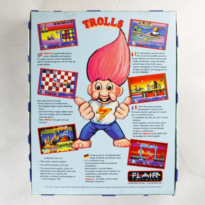 Trolls Amiga doboz hátoldal A Trolls videójáték dobozának hátoldala leírásokkal és képekkel