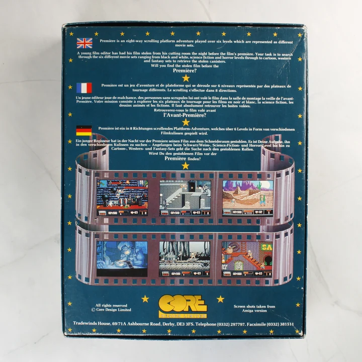 A videójáték dobozának hátoldala többnyelvű leírással és képernyőképekkel.