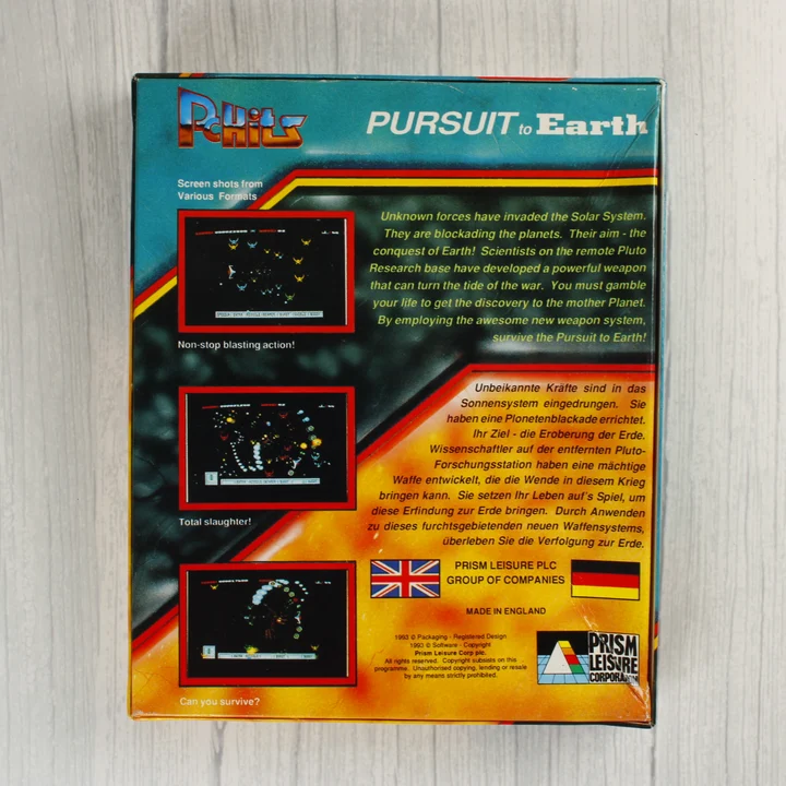 Pursuit to Earth Amiga játék dobozának hátoldala