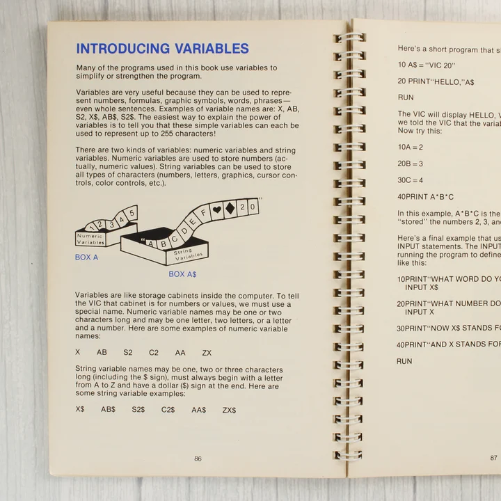 A Commodore VIC-20 kézikönyv nyitott belső oldalai