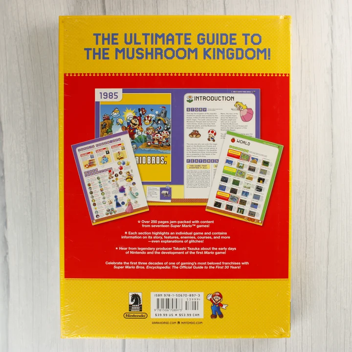A Super Mario Bros. Encyclopedia hátoldala leírással és illusztrációkkal