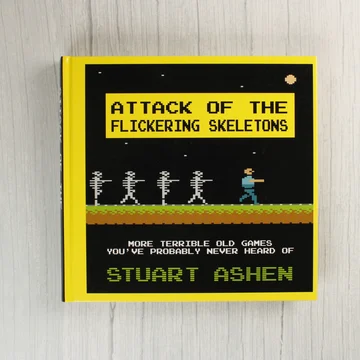 Attack of the Flickering Skeletons könyv előlapja sárga kerettel és pixelgrafikával