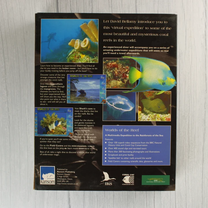 Worlds of the Reef szoftver dobozának hátoldala leírással és képernyőfotókkal