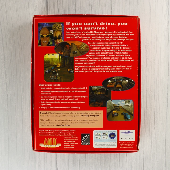 MegaRace 2 Gold Reserve PC játék dobozának hátoldala