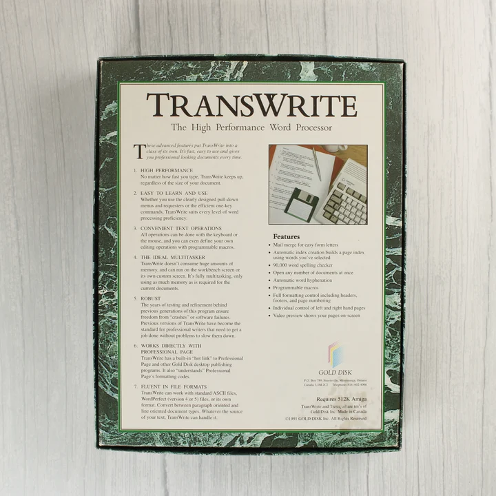 TransWrite doboz hátoldal TransWrite Amiga szoftver dobozának hátoldala leírással