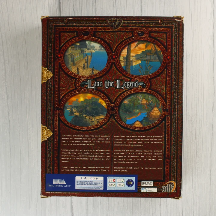 A játékdoboz hátoldala technikai adatokkal és képernyőmentésekkel