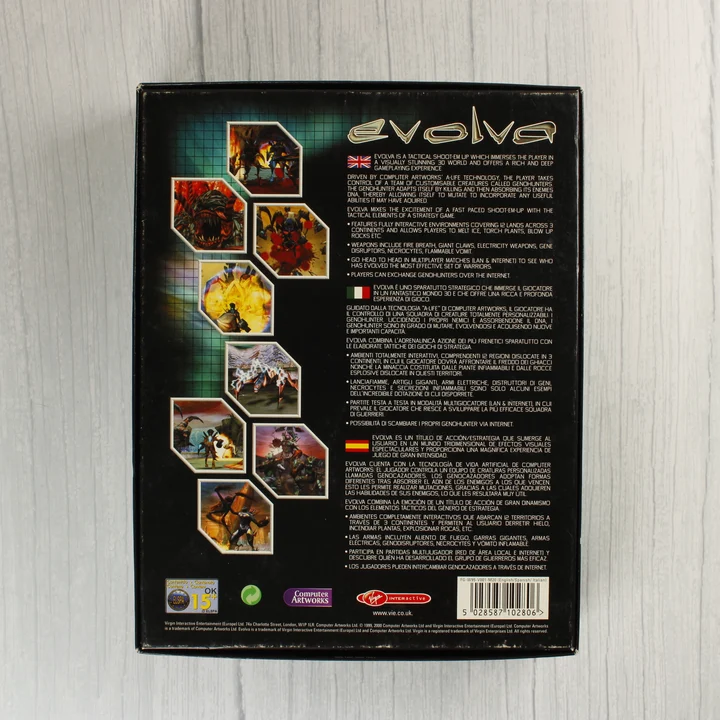Evolva PC játék dobozának hátoldala leírásokkal