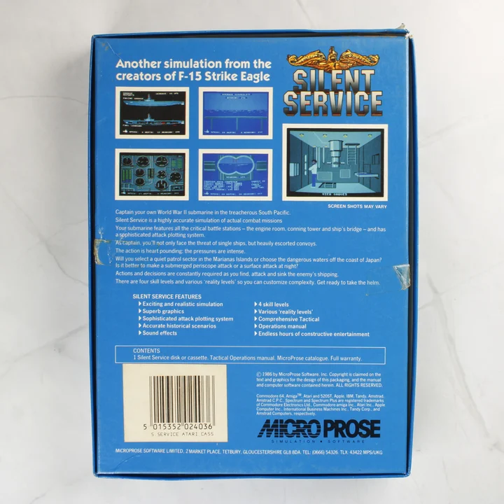 Silent Service doboz hátoldal A Silent Service videójáték dobozának hátoldala képernyőképekkel és leírással