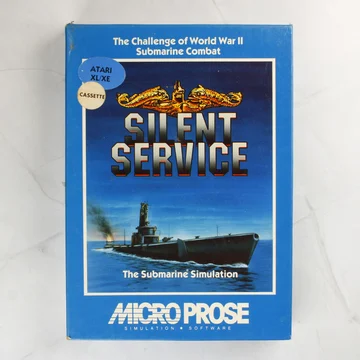A Silent Service videójáték kék dobozának előlapja egy tengeralattjáróval
