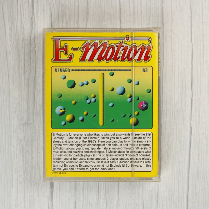 E-Motion Amiga videójáték dobozának hátoldala leírással