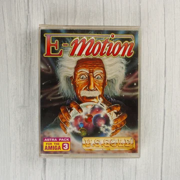 E-Motion Amiga videójáték dobozának előlapja Einstein grafikával