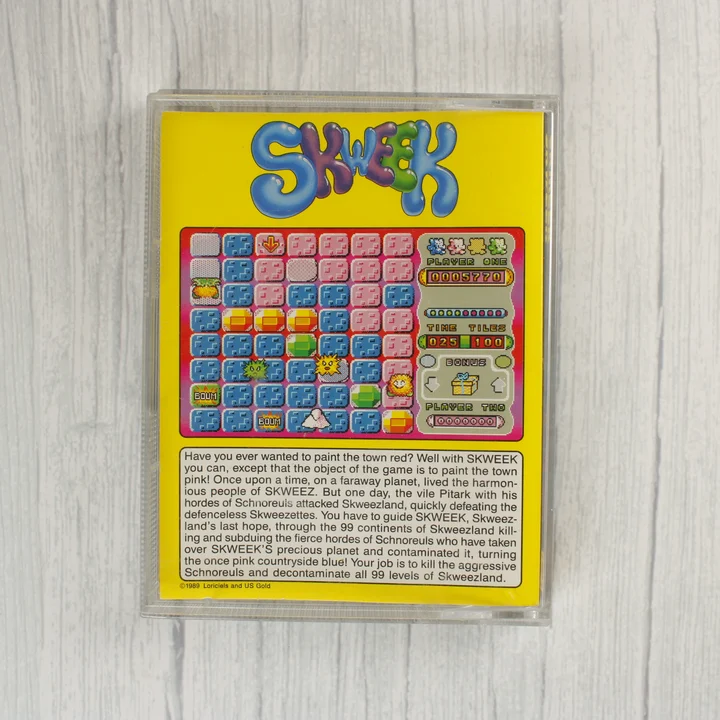 Skweek videójáték Amiga kiadásának hátoldala