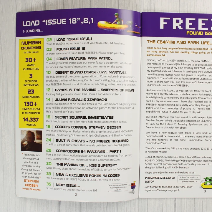 Freeze64 fanzin belső tartalom A Freeze64 fanzin 18. számának nyitott belső oldalai tartalomjegyzékkel