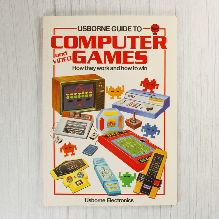 Az Usborne Guide to Computer and Video Games könyv színes borítója retro játékgépekkel.