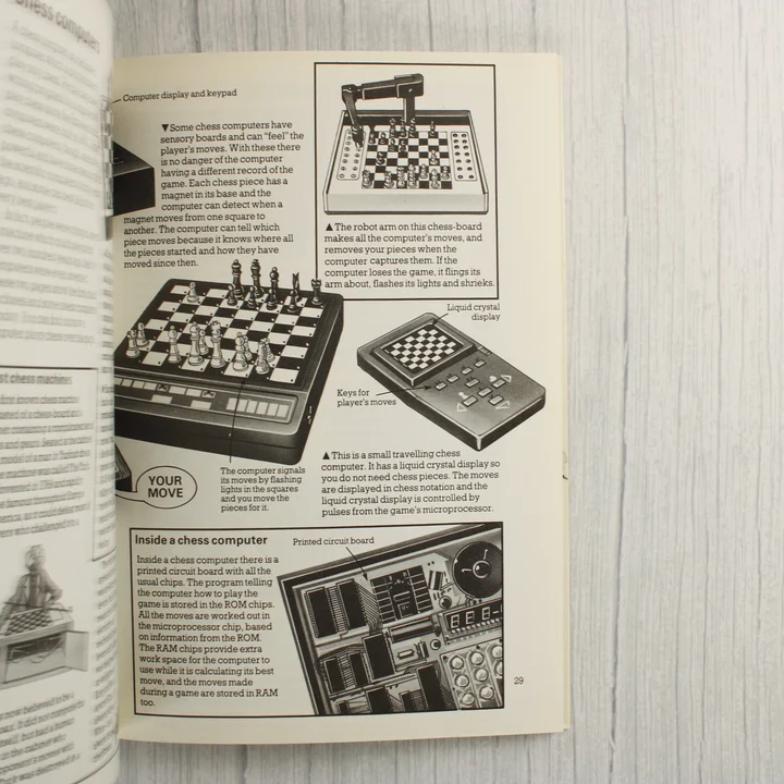 A könyv belső oldala a sakk-számítógépek működését bemutató ábrákkal.