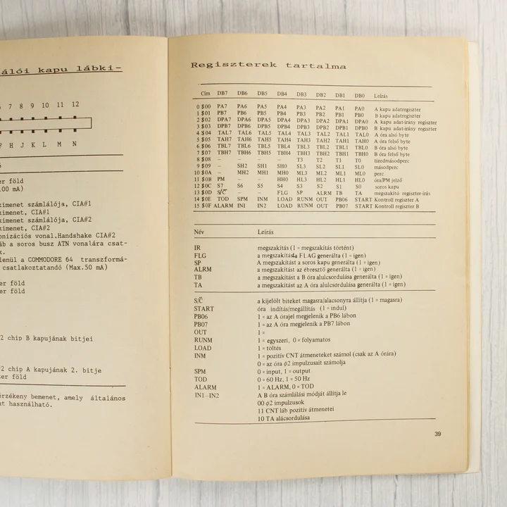 A könyv egyik belső oldala műszaki táblázatokkal