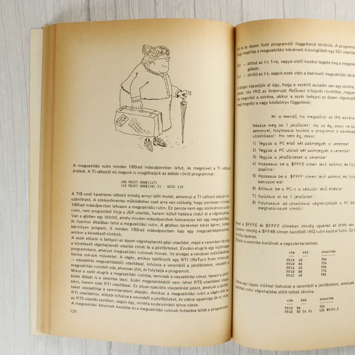 A könyv nyitott oldalai illusztrációval és programkóddal