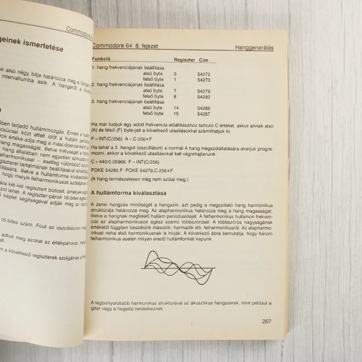 A könyv egyik belső oldala a hanggenerálással kapcsolatos technikai leírással