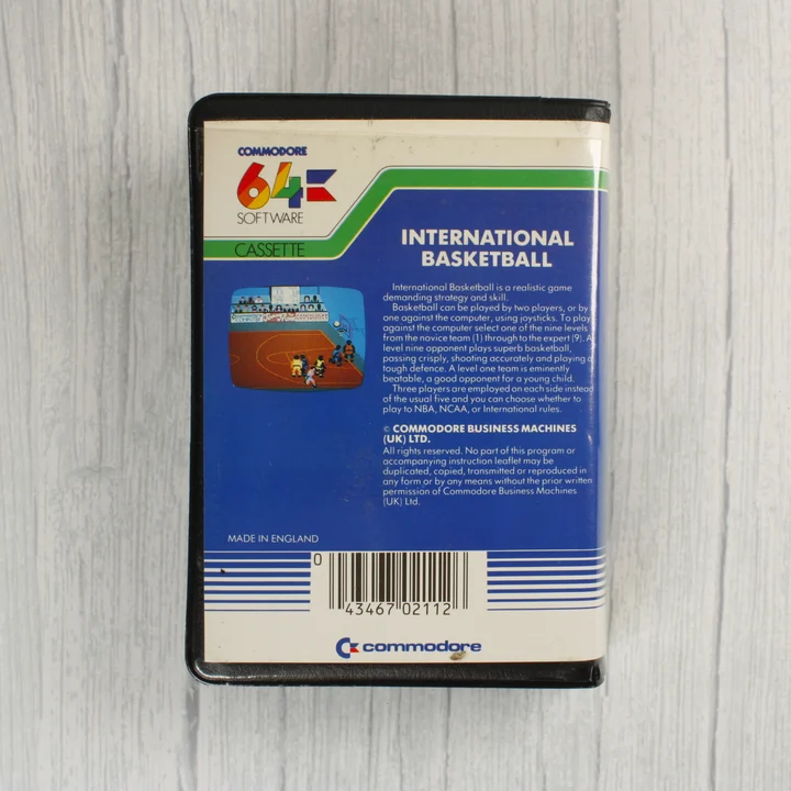 International Basketball Commodore 64 játék kazetta tokja hátulról