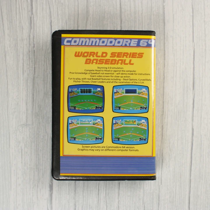 World Series Baseball C64 hátlap A World Series Baseball Commodore 64 játék hátlapi borítója képernyőképekkel