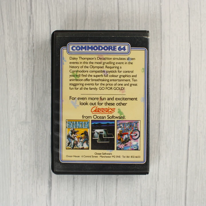 Daley Thompson's Decathlon C64 hátlap Daley Thompson's Decathlon Commodore 64 játék tokja hátulról