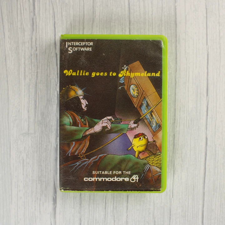Wallie goes to Rhymeland Commodore 64 játék borítója zöld tokban