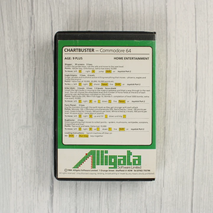 Alligata Chartbuster Commodore 64 videójáték tok hátoldala