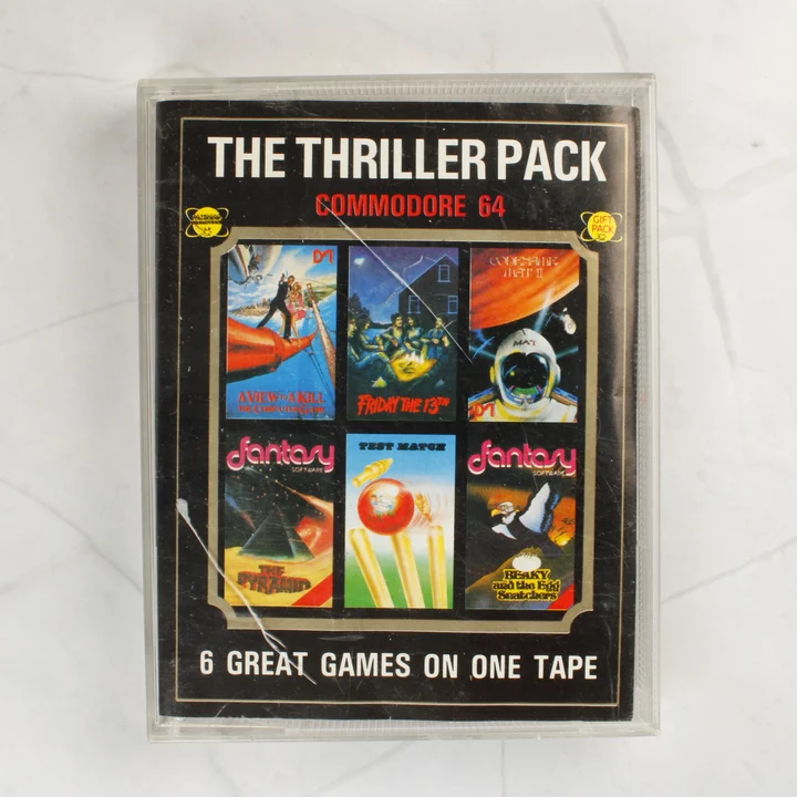 The Thriller Pack Commodore 64 videójáték gyűjtemény előlapja műanyag tokban