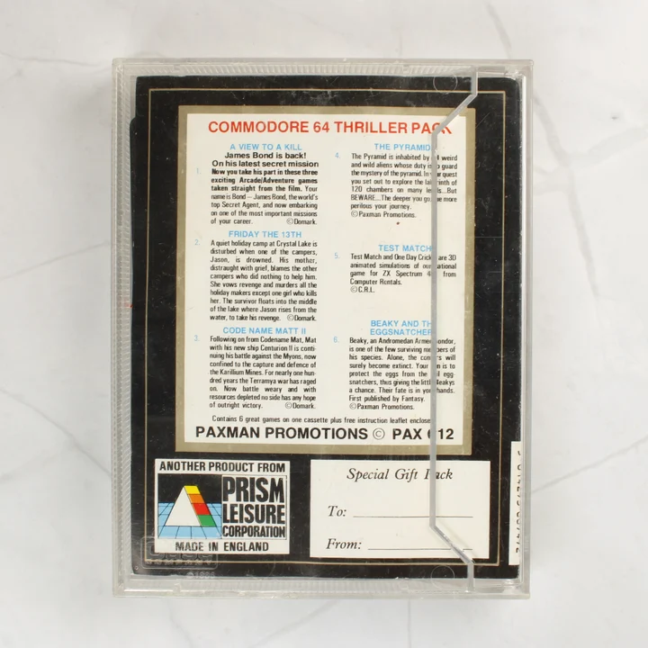 The Thriller Pack Commodore 64 videójáték gyűjtemény hátlapja leírásokkal