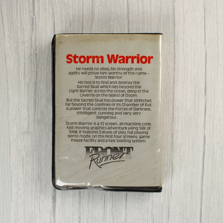 Storm Warrior C64 hátlap Storm Warrior Commodore 64 videójáték hátoldali leírása