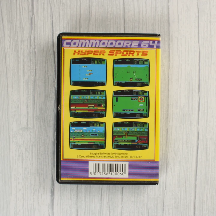 Hyper Sports C64 hátlap Hyper Sports Commodore 64 játék kazetta tokjának hátlapja képernyőképekkel