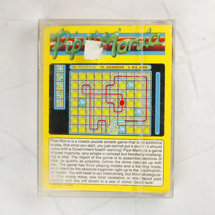 Pipe Mania Amiga játék tokjának hátoldala
