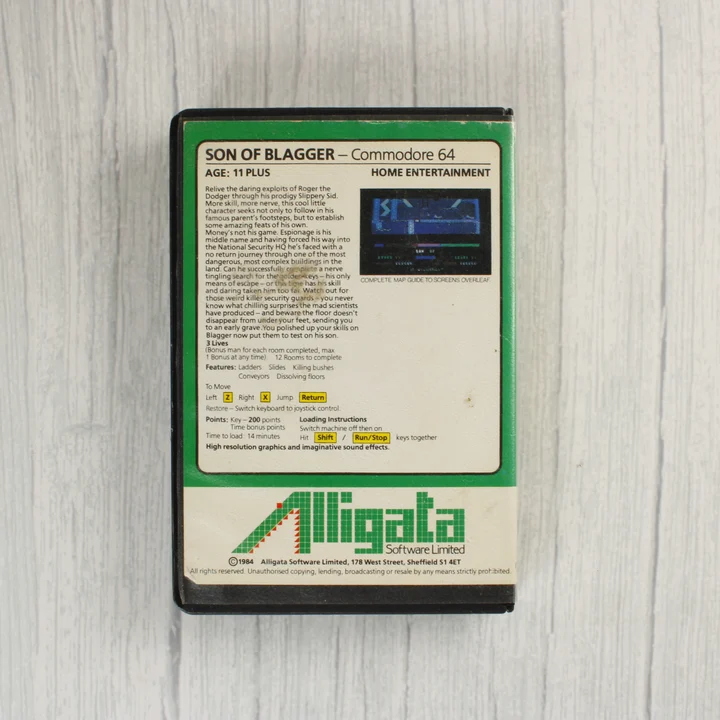 Son of Blagger C64 hátlap Son of Blagger Commodore 64 videójáték tokja hátulról